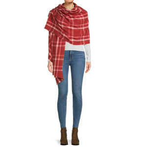 Time and Tru Women's Red Plaid Fringed Blanket Wrap NWT